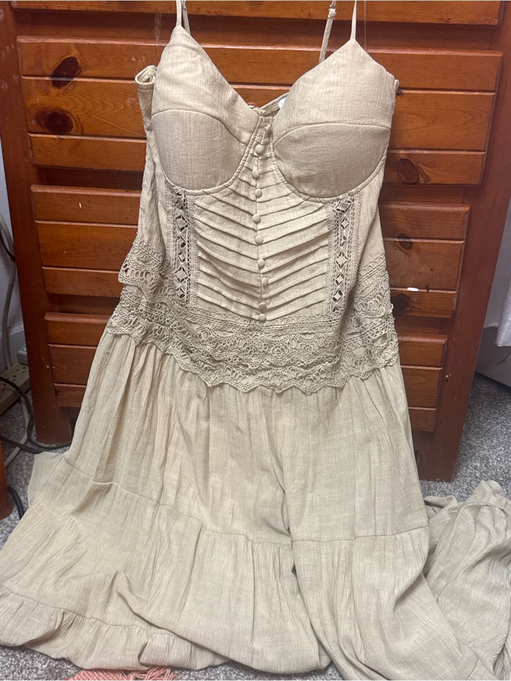Fashion Nova Beige Lace-Trim Maxi Dress with Corset Bodice